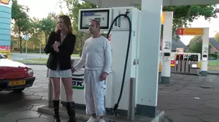 Risky escapade leads to passionate outdoor romp at a gas station with intense dog style climax